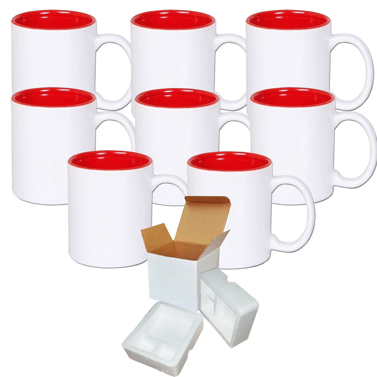 8 PACK 11 oz. Ceramic Mug - Two-Tone - Red - Cardboard Box with Foam Supports